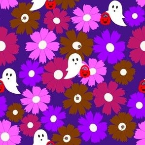 Medium Scale // Light Fuchsia, Purple, Cerise and Russet Brown Halloween Floral Ghost Candy Trick or Treat on Bright Violet