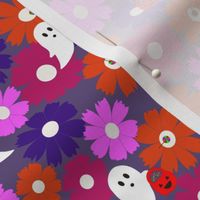 Medium Scale // Cerise Pink, Purple, Fuchsia and Orange-Red Halloween Floral Ghost Candy Trick or Treat on Eggplant Purple