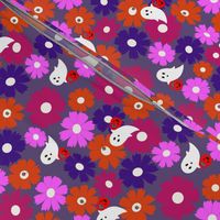 Medium Scale // Cerise Pink, Purple, Fuchsia and Orange-Red Halloween Floral Ghost Candy Trick or Treat on Eggplant Purple