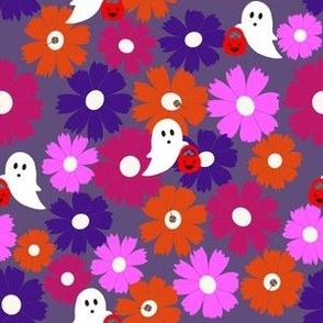 Medium Scale // Cerise Pink, Purple, Fuchsia and Orange-Red Halloween Floral Ghost Candy Trick or Treat on Eggplant Purple
