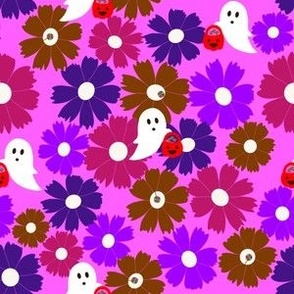 Medium Scale // Navy Pink, Purple and Brown Halloween Floral Ghost Candy Trick or Treat on Light Fuchsia