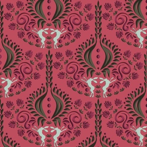 Traditional Floral Nature inspired Boxing Hare, Arts and Crafts, Damask Pattern, Pink Green