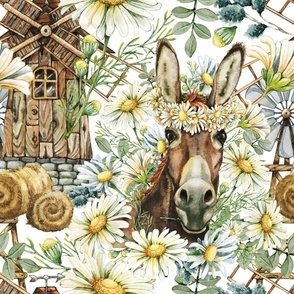 Donkey and chamomile meadow