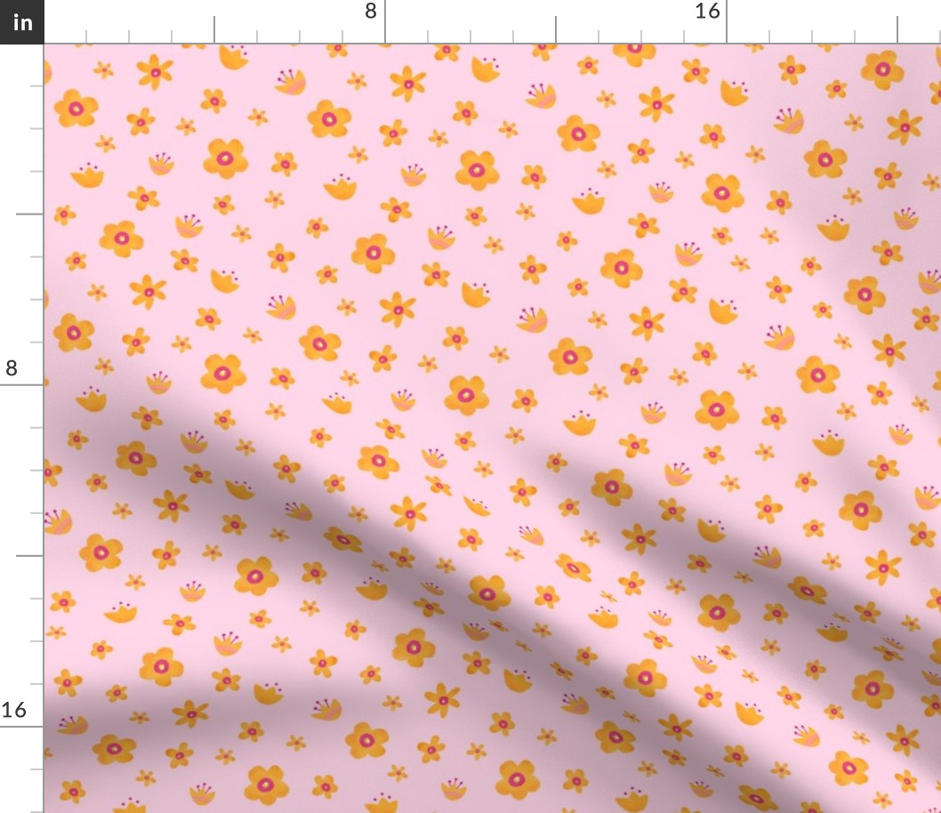 Small Ditsy Floral Marigold Orange Flowers Pink Background