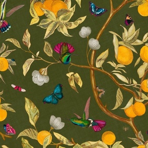 Hummingbirds, lemons and butterflies in dark olive green