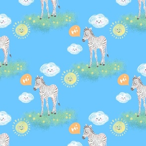 kids zebra with sun and clouds pattern on blue background.