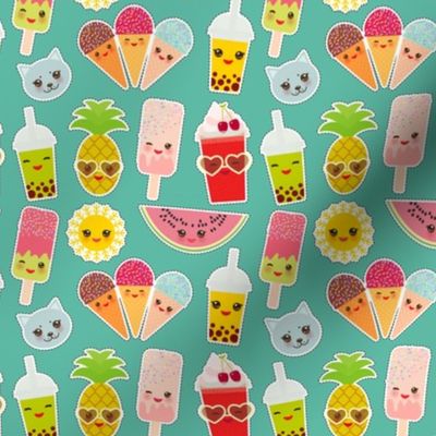 Hello Summer bright tropical seamless pattern, fashion patches badges stickers. bubble tea, pineapple, cherry smoothie cup, ice cream, sunglasses. Kawaii cute cat, sun. Blue background. Vector illustration
