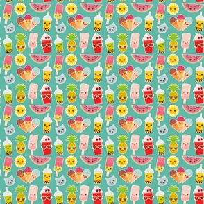 Hello Summer bright tropical seamless pattern, fashion patches badges stickers. bubble tea, pineapple, cherry smoothie cup, ice cream, sunglasses. Kawaii cute cat, sun. Blue background. Vector illustration