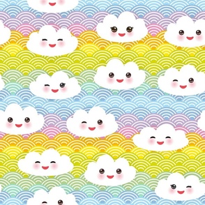 Kawaii funny white clouds, Rainbow red orange yellow green blue violet pink japanese wave background.