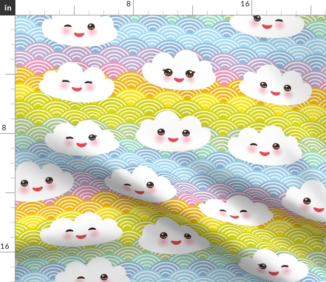 Kawaii funny white clouds, Rainbow red orange yellow green blue violet pink japanese wave background.