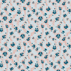 blueberries and pink leaves on light blue background | small