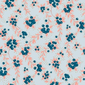 blueberries and pink leaves on light blue background | medium