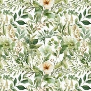 Green Foliage Print, Green Leaves on White Background
