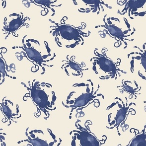Nautical Seaside Crab Pattern in Navy Blue and Sand: Painted watercolor crabs in a cottage coastal design for home decor, fashion, and crafts