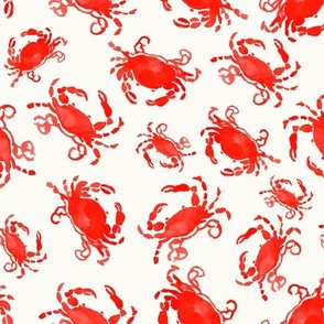 Nautical Seaside Crab Pattern in Reef Red and Cream: Painted watercolor crabs in a cottage coastal design for home decor, fashion, and crafts