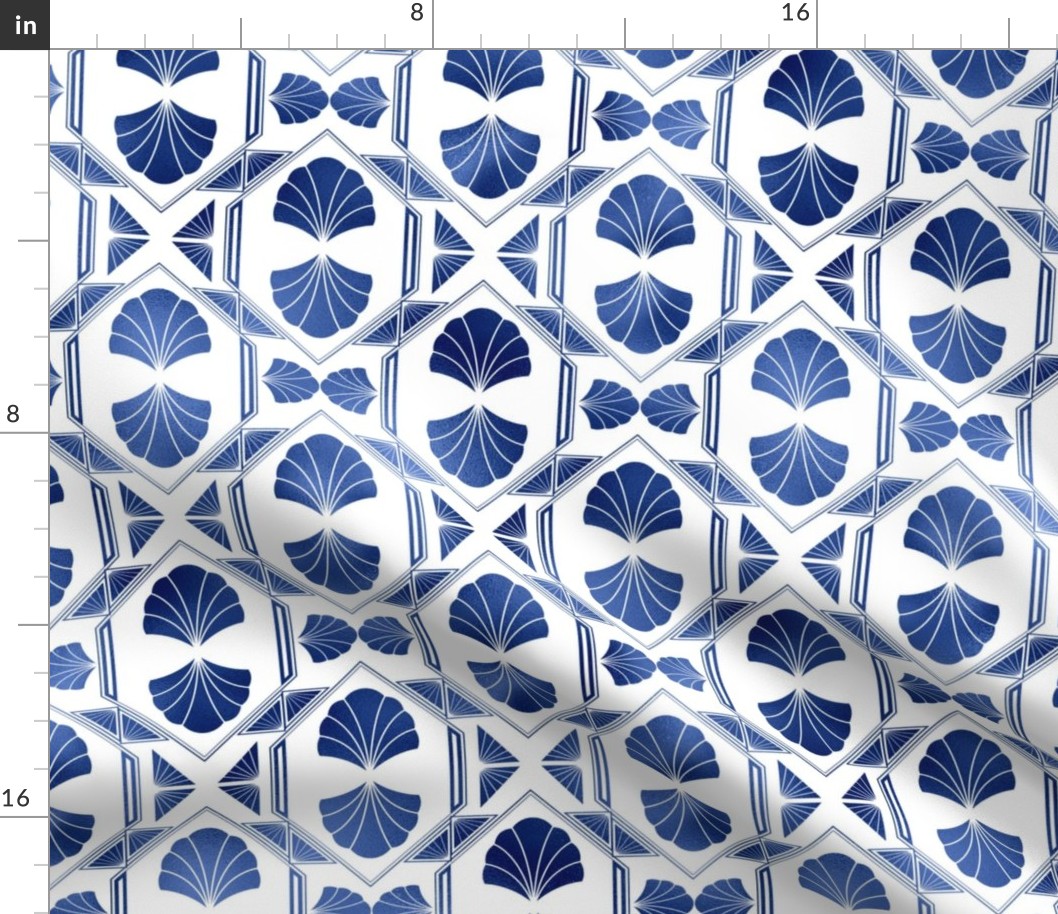 Scallop Shells in Blue and White Art Deco Vintage Foil Pattern