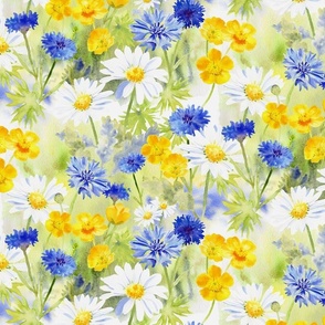 Watercolour Wonderful World Wildflower Meadow daisies cornflowers buttercups large scale 12 inch