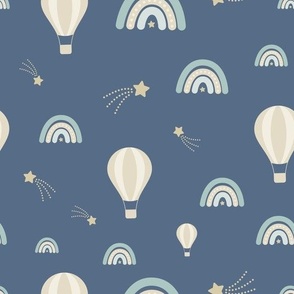 Rainbows, Hot Air Balloons and Shooting Stars in Green and Yellow on Dark Blue Background