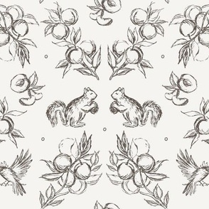 Woodland Birds & Squirrels Harvesting Peaches in Brown & Ivory