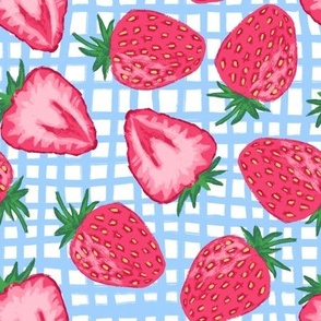 Summer Strawberry on Blue & White Plaid