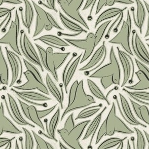 Birds and Berries | Creamy White, Light Sage Green, Raisin Black | Whimsical Illustration