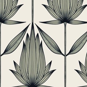 Doodle Flower | Black, Creamy White, Thistle Green | Art Deco Line Floral
