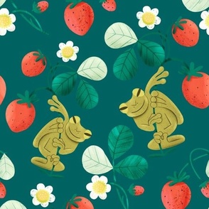 Funny frog with strawberries on a dark background