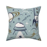 Out Of This World Toile - Dusty Blue Ivory Gold Jumbo 