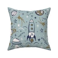 Out Of This World Toile - Dusty Blue Ivory Gold Large 