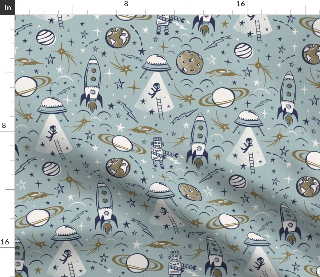 Out Of This World Toile - Dusty Blue Ivory Gold Regular 
