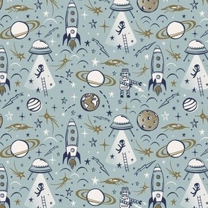Out Of This World Toile - Dusty Blue Ivory Gold Small 