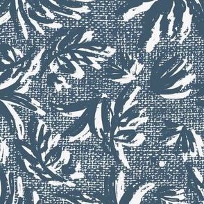 Tropical Leaves Doodle  - Indigo Linen Texture