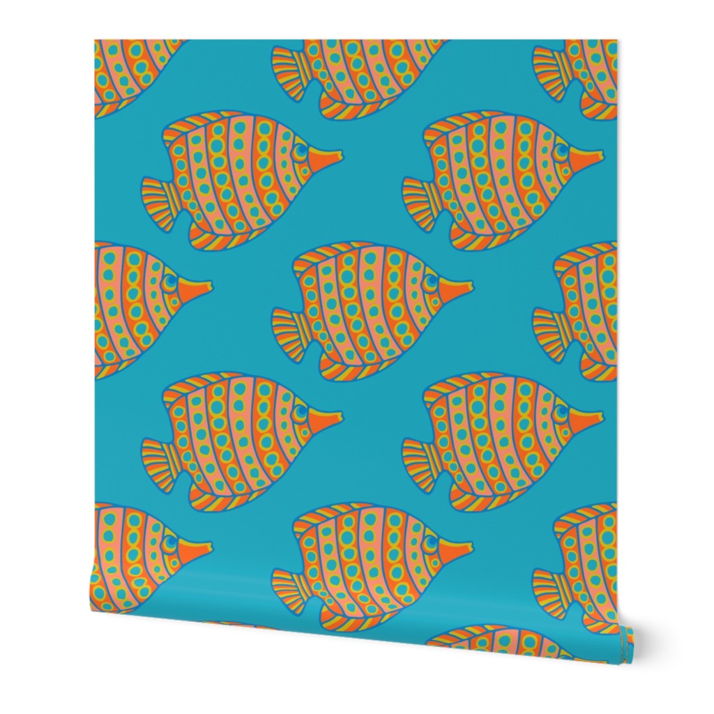 ANGLED ANGELS Tropical Angel Fish Spotted Undersea Ocean Sea Creatures in Orange Blush Yellow on Blue - LARGE Scale - UnBlink Studio by Jackie Tahara