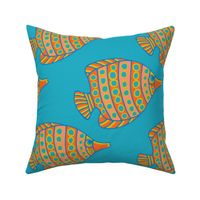 ANGLED ANGELS Tropical Angel Fish Spotted Undersea Ocean Sea Creatures in Orange Blush Yellow on Blue - LARGE Scale - UnBlink Studio by Jackie Tahara