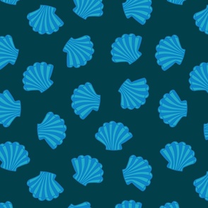 SEASHELLS Scattered Tropical Scallop Shells Undersea Ocean Sea Life in Blue and Turquoise on Dark Blue - MEDIUM Scale - UnBlink Studio by Jackie Tahara