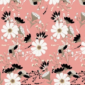 Floral Pattern with Wildflowers in Retro Pink and Black