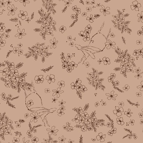 Rabbits and Flowers in Chocolate Brown on Dusky Salmon Pink (LARGE) B23008R04D