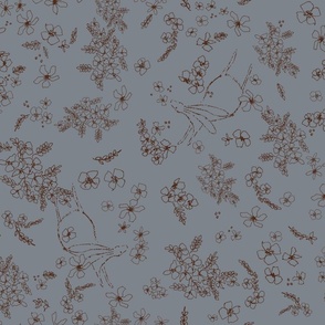 Rabbits and Flowers in Chocolate Brown on Stormy Gray Blue (LARGE) B23008R05D