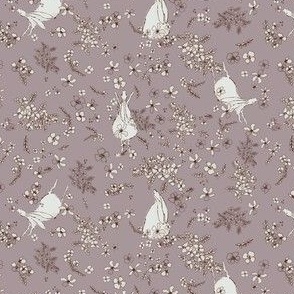 Rabbits and Flowers in Brown and White on  Dusky Lavender (SMALL) B23008R07A