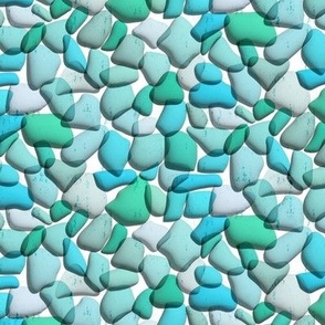 Sea Glass with 3D Effect Tossed Geometric in Blue and Aqua Shades on White Ground Medium Scale