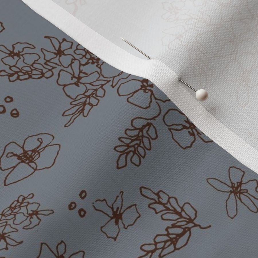 Hand-Drawn Flowers in Chocolate Brown on Stormy Gray Blue (LARGE) B23009R05D