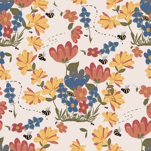Floral Pattern with Bees and Bugs