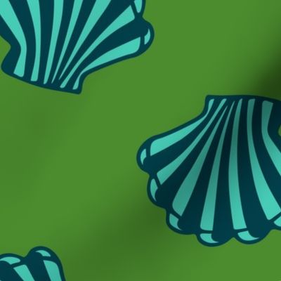 SEASHELLS Scattered Tropical Scallop Shells Undersea Ocean Sea Life in Dark Blue and Turquoise on Dark Green - LARGE Scale - UnBlink Studio by Jackie Tahara