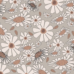 Floral Pattern with Daisies in Soft Cream and Brown on a Beige Background