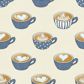 Latte Art in Cute Blue Grey Coffee Mugs