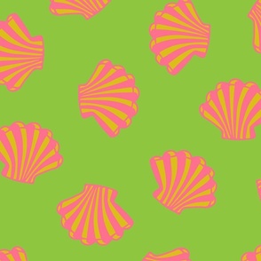 SEASHELLS Scattered Tropical Scallop Shells Undersea Ocean Sea Life in Pink and Yellow on Green - LARGE Scale - UnBlink Studio by Jackie Tahara