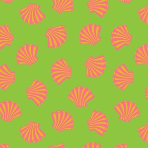 SEASHELLS Scattered Tropical Scallop Shells Undersea Ocean Sea Life in Pink and Yellow on Green - MEDIUM Scale - UnBlink Studio by Jackie Tahara