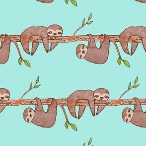 Baby Sloths hanging on Tree Pattern, Turquoise