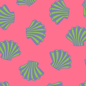 SEASHELLS Scattered Tropical Scallop Shells Undersea Ocean Sea Life in Purple and Green on Pink - LARGE Scale - UnBlink Studio by Jackie Tahara