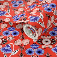 Bold Folk Flowers in Blush and Blue on Red (Small)
